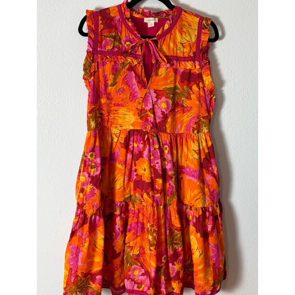 Sundance Orange Pink Floral Tiered Mini Dress Boho Ruffle S Cottagecore Romantic